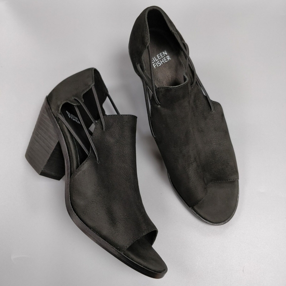 $235 EILEEN FISHER Nikki Peep Toe Sandal Booties Block Heel Black Leather 9.5 - Picture 2 of 10